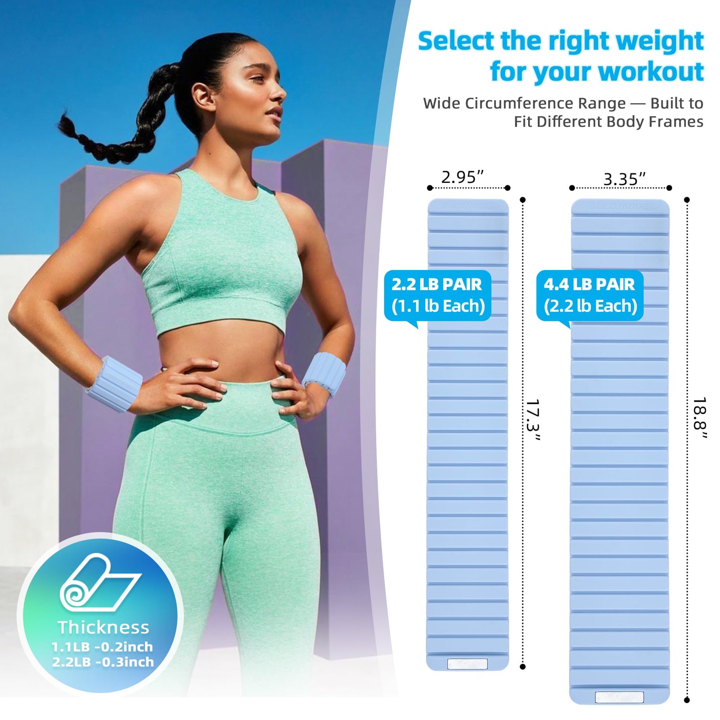 BECOJADDE Wrist Weights Ankle Weights for Women 1 Pair (1.1 lb Each) Silicone Magnetic Leg Arm Weighted Bracelet for Home Yoga Pilates Gym Workout Walking Jogging, Blue Cream