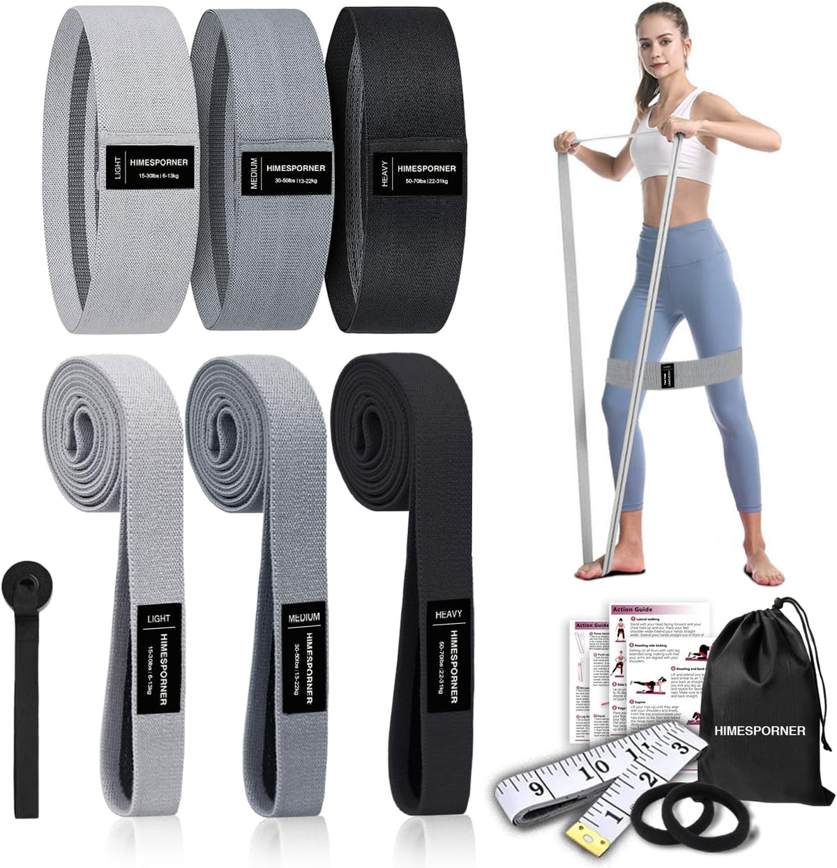 Wide Fabric Resistance Bands Set for Working Out, Non-Slip Exercise Booty Bands for Women & Men Leg and Glutes with Hair Ties and Tape Measure - for Home Gym Workout, Yoga, Pilates