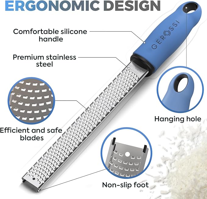 Stainless Steel Cheese Grater & Lemon Zester w/Extra Sharp Blade - Perfect for Lemon, Parmesan, Garlic, Chocolate - Spice Up any Dish in Seconds w/Your Premium Citrus Hand Grater with Handle - Blue