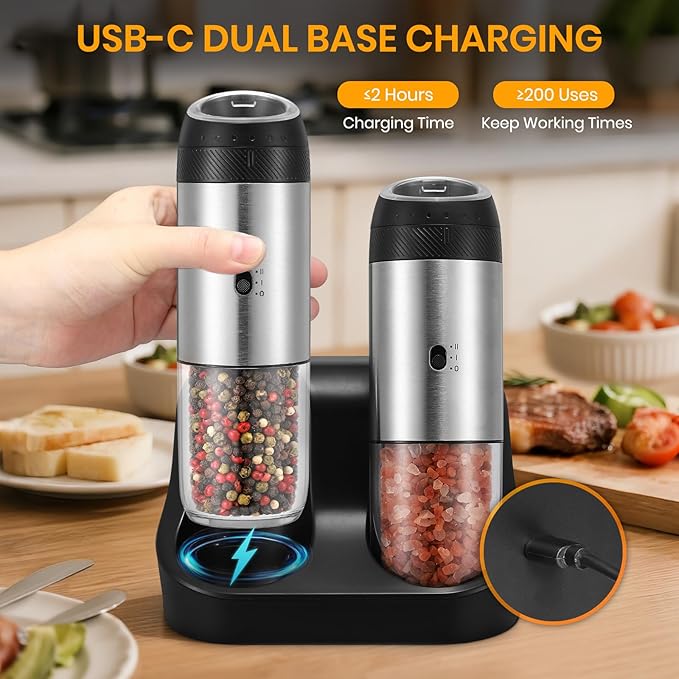 Rechargeable Gravity Electric Salt Grinder Set with Variable Grinding Speed, External Adjustable Coarseness,Charging Base and White LED Light,Stainless Steel