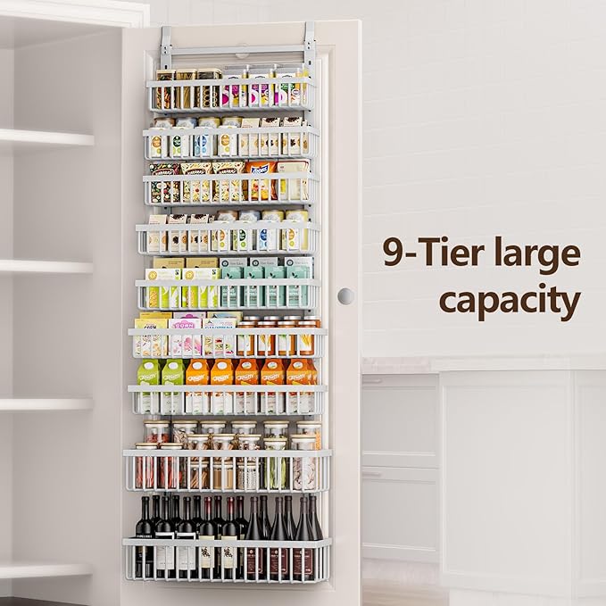 POKIPO 9 Tier Over The Door Pantry Organizer, 2 in 1 Wall Mount or Hanging Spice Rack with Adjustable Deep Basket, Heavy-Duty Seasoning Organizer and Storage for Kitchen Cabinet Closet Bathroom