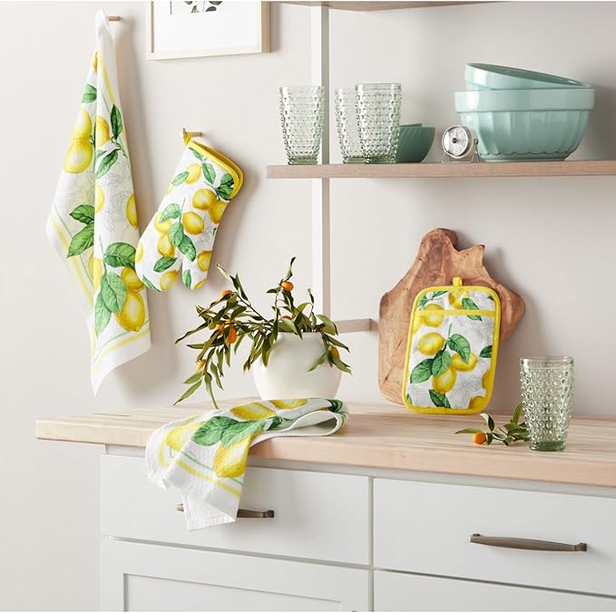 Martha Stewart Lots of Lemons Modern Kitchen Towel, Oven Mitt & Potholder Set, 4-Pack, White-Yellow
