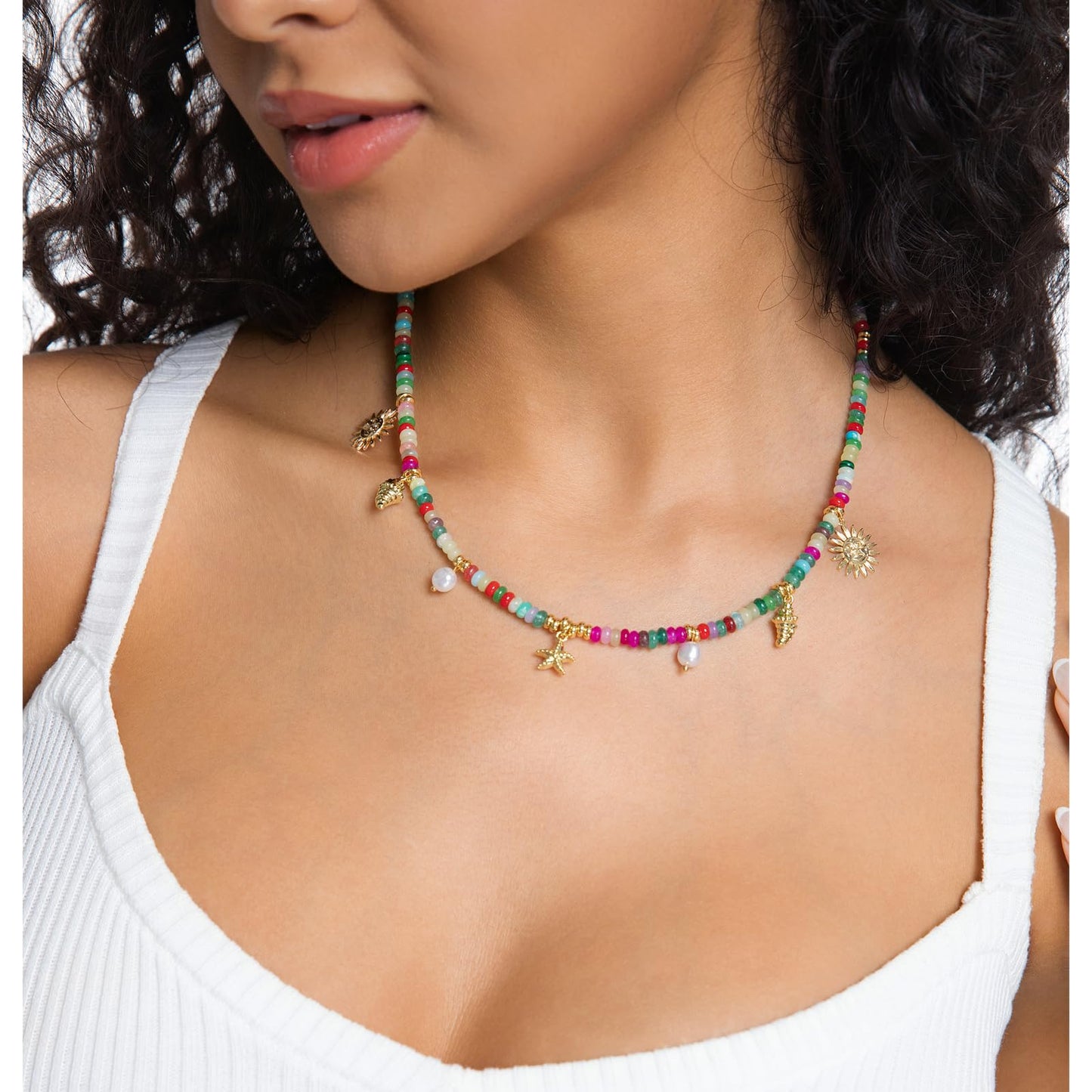 Charm Necklace for Women Colorful Beaded Gemstone Choker 14K Gold Beach Seashell Pearl Pendant Necklace Natural Stone Handmade Jewelry Gift