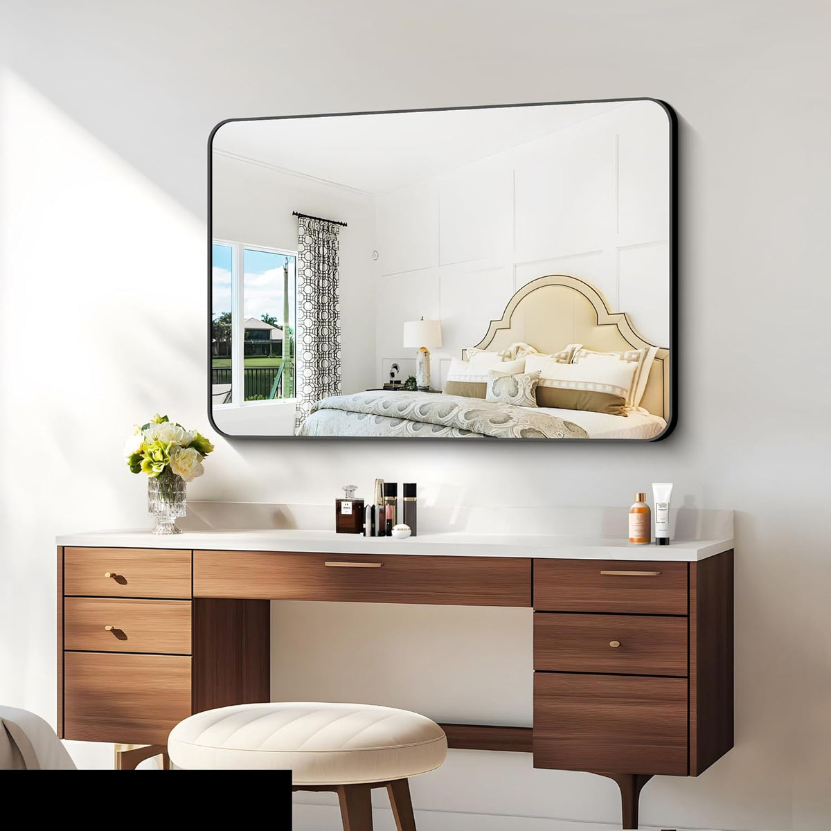 30x40 inch Bathroom Mirror,Black Rectangle Mirror,Wall Mounted Bathroom Frame Vanity Mirror with Round Corner for Bedroom Living Room, Entryway Hangs Horizontal or Vertical