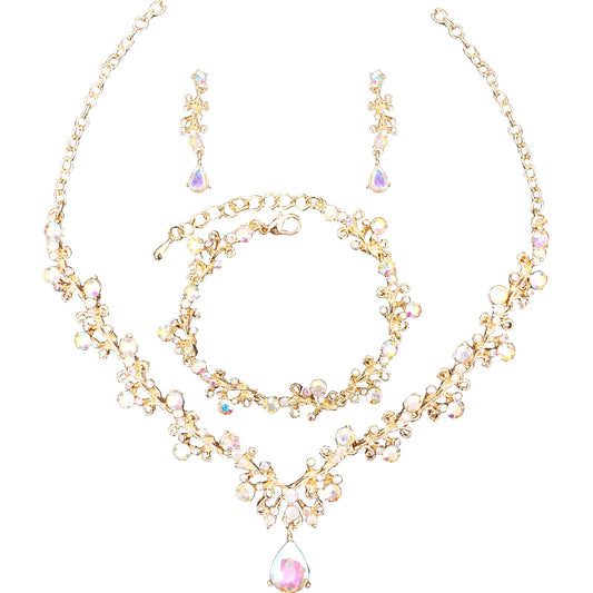 3Pcs Austrian Crystal Jewelry Set for Women, Necklace Dangle Earrings Link Bracelet Jewelry Set with Gold/Platinum/Gun Plated, Wedding Party Jewelry for Bridal Bridesmaid (Pink-Gold Plated)