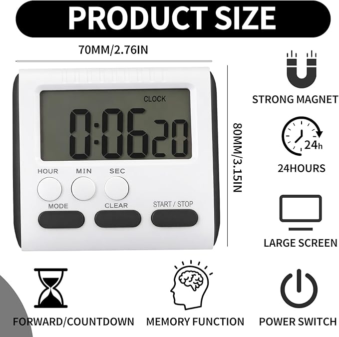 Mudder 6 Pack Digital Kitchen Timer for Cooking, Large Digits, 24 Hour Magnetic Backing Stand Kitchen Timers Clock for Classroom Kids Teachers, Loud Alarm and Large Screen (Black)