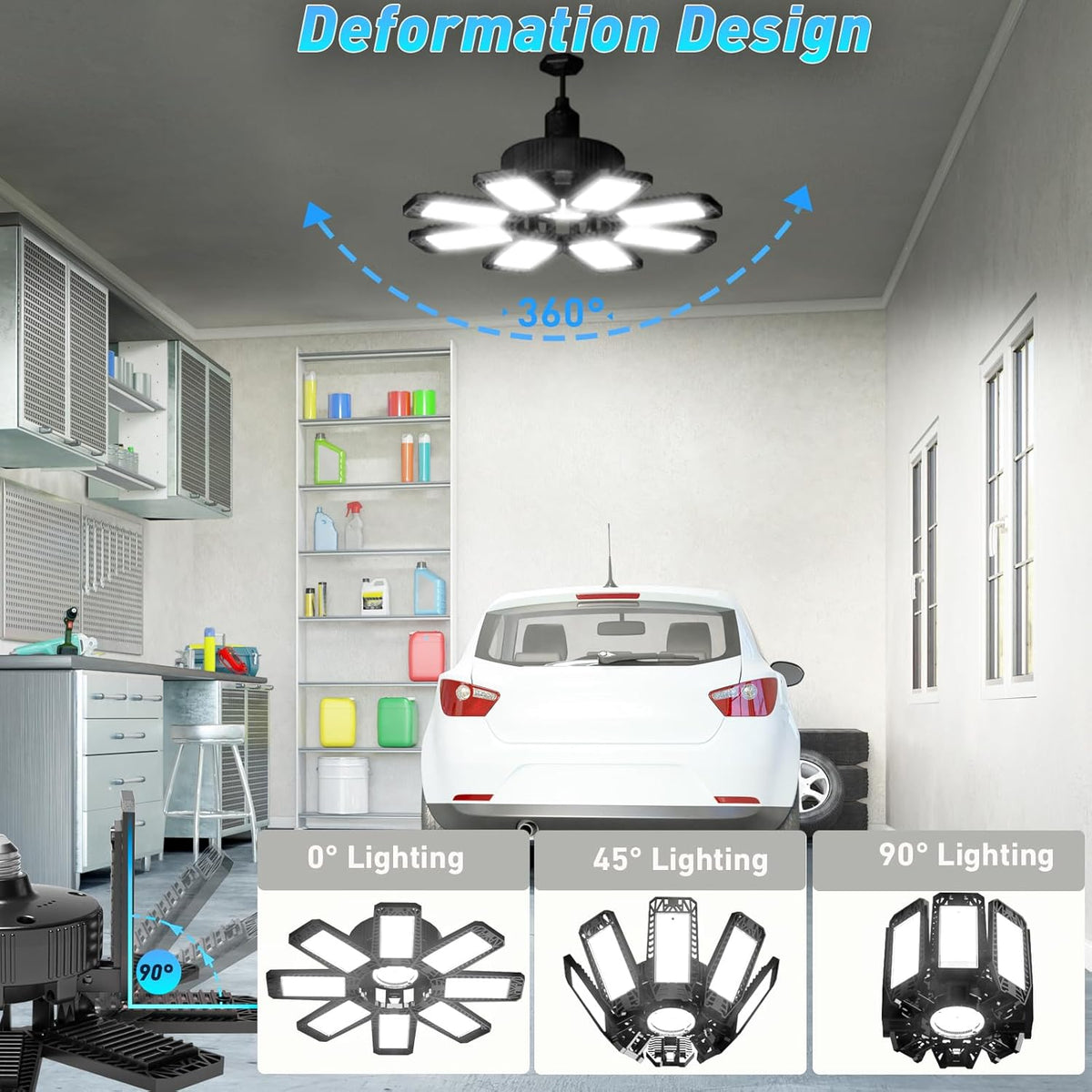 Garage Light - 240W 24000LM 6500K Garage Lights Ceiling LED with 8+1 Deformable Panels, E26/E27 Screw Socket in LED Shop Light for Workshop, Basement, Gym, Barn, Warehouse etc Bay Lighting