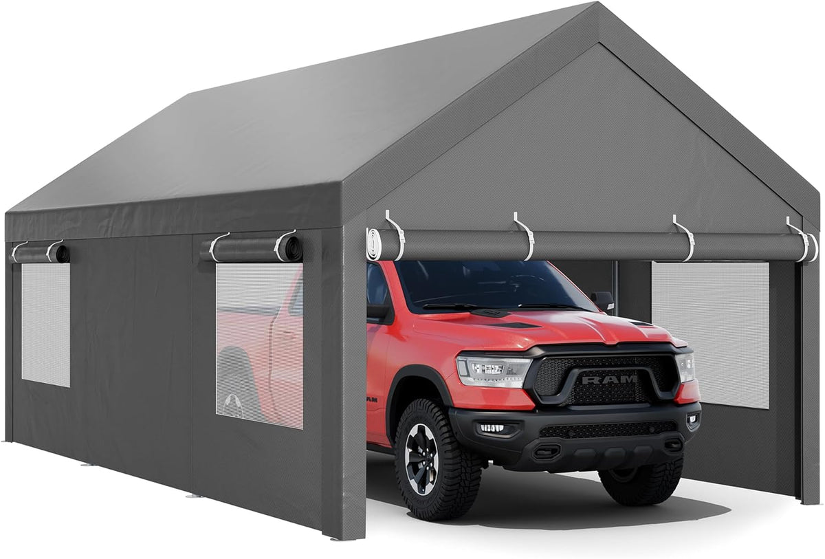 JY QAQA Carport, 10x20 FT Heavy Duty Carport Reinforced Steel Poles with Removable Sidewalls & Doors,Roll-up Windows Car Canopy with Sandbags and All-Season Tarp for Car Boat Truck Motorcycle