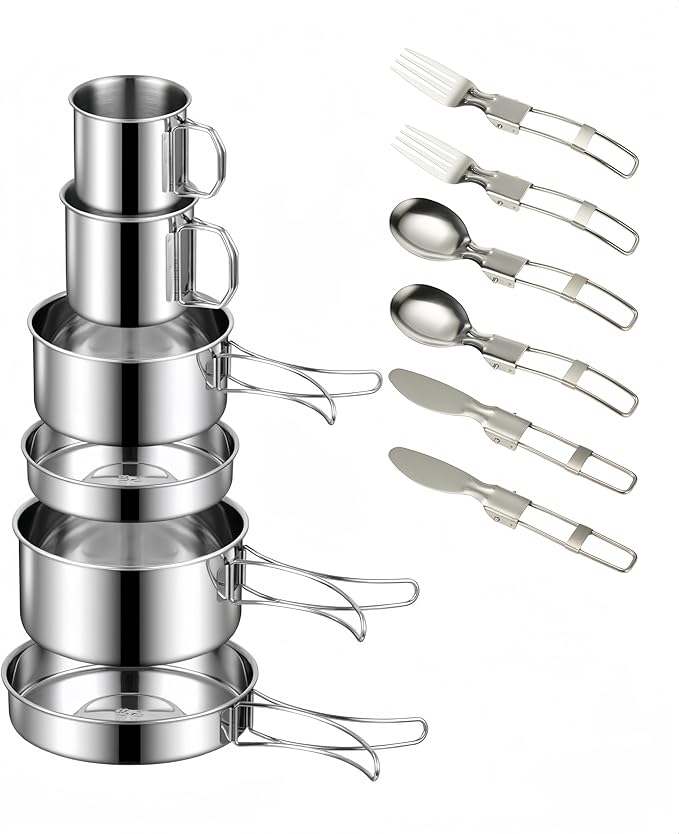 Camping Cookware Mess Kit Set 304 Stainless Steel 12-Piece Lightweight Backpacking Cooking Set Outdoor Cook Gear for Family Hiking, Picnic(Pot, Frying Pan, Bowl, Plate, Spoon, Fork)