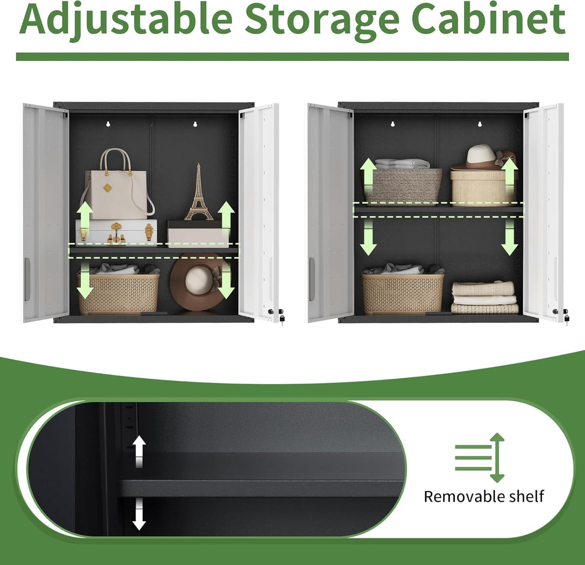 Metal Tool Cabinet,Garage Storage Cabinet System,Wall Cabinet & Locking Rolling Tool Cabinet with Doors and Adjustable Shelves,Steel Tool Cabinets for Home,Office (2 Pcs-StyleA, Black & Grey)