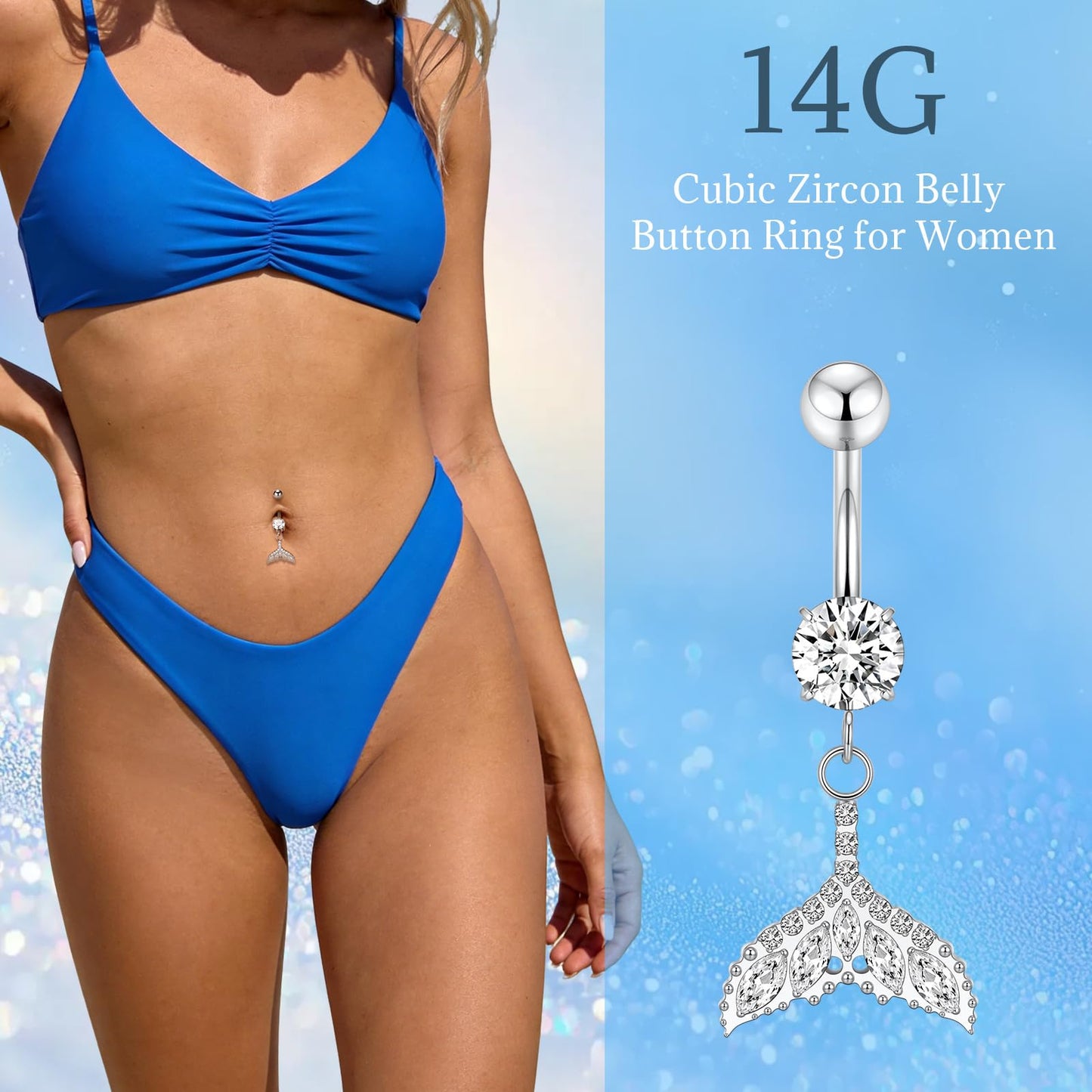 PEAKLINK Dangle Belly Jewelry 14G Internally Threaded Navel Piercing Silver Belly Button Ring 10mm for Women Titanium Curved Barbell with Fishtail CZ Navel Belly Bars