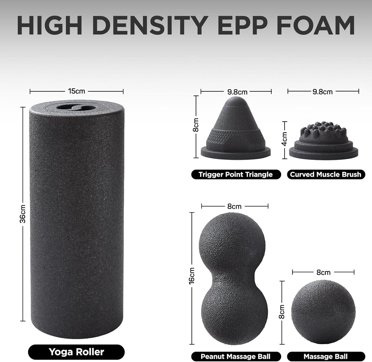 5 in 1 Foam Roller Set with Peanut Massage Ball, Curved Muscle Brush - Yoga Roller, Massage Ball, Trigger Point Triangle for Deep Tissue Relief (Black)