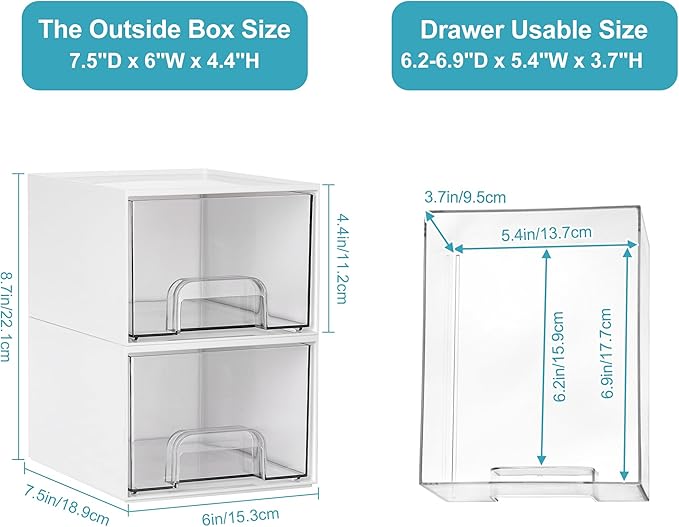 Vtopmart 4Pack Small Stackable Storage Drawers, Bathroom Makeup Organizer,Plastic Storage Bins For Vanity, Undersink, Kitchen Cabinets, Pantry, Home Organization(White)