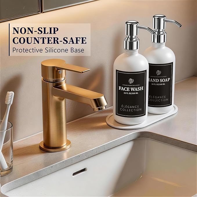 White Glass Soap Dispenser Set of 2, 16oz Hand and Dish Soap Dispenser for Kitchen & Bathroom, Silver Stainless Steel Pump, Non-Slip Base, 14 Waterproof Labels, Minimalist Decor