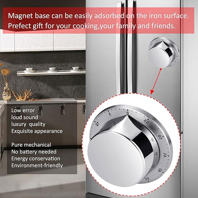 Albayrak Kitchen Timer, Chef Cooking Timer Clock with Loud Alarm, No Batteries Required, 100% Mechanical - Magnetic Backing, Exquisite Stainless Steel Body - Countdown Reminder - Silver 1Pack