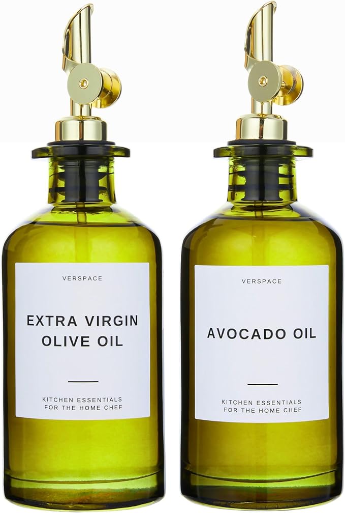 Verspace UV-Protected Green Glass Olive Oil Dispenser Bottles For Kitchen - 2 Pack - 12oz Includes 40 Kitchen Essential Labels, Avocado Oil Dispenser Set, Modern Decor for Home, Airbnb, Cafe Set of 2