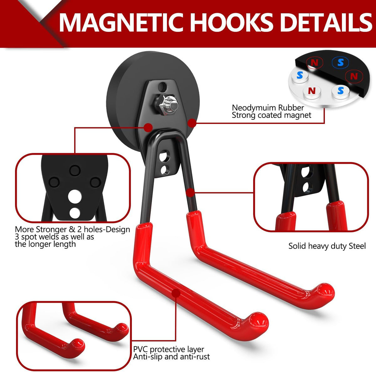 3-H Heavy Duty Magnet Garage Hooks 2 Pack, Extra Large Strong Magnetic Hooks for Hanging Cordless Power Drill, Utility Magnetic Tool Holder for Metal Cabinet, Steel Pegboard, Toolbox, Garage(Red)