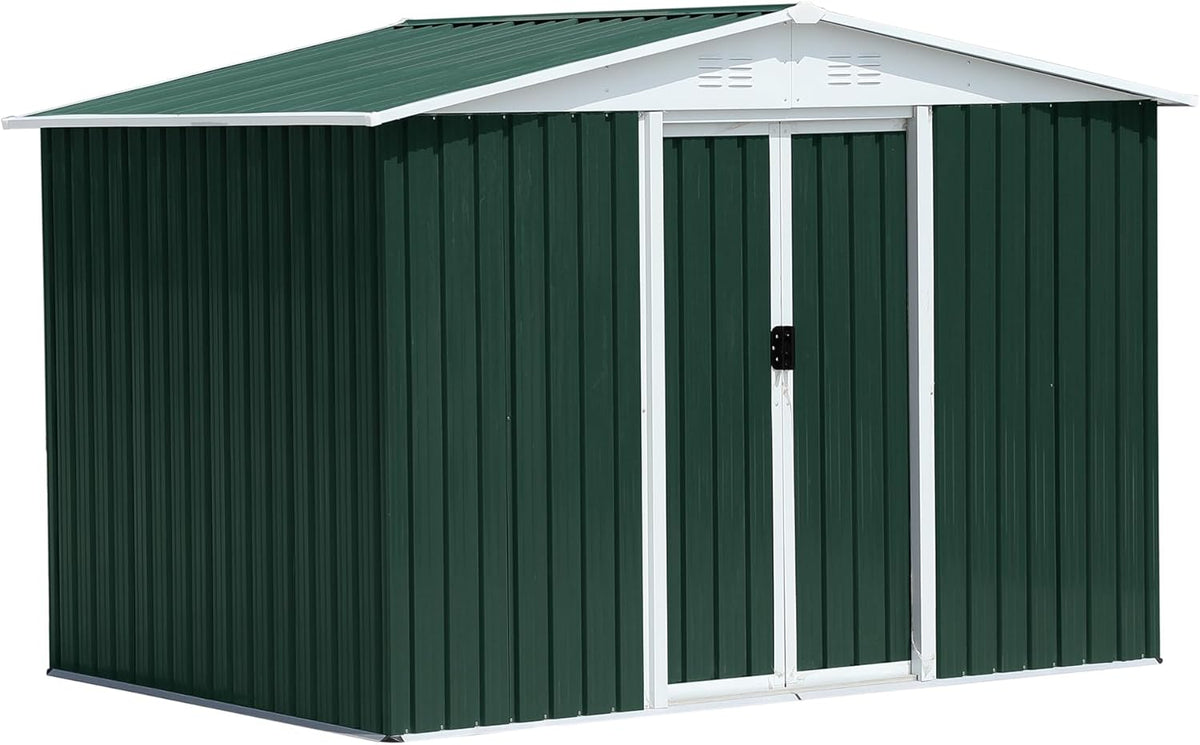 6x8 FT Outdoor Storage Shed, Metal Garden Shed with Lockable Sliding Doors, Outside Tool Shed with Sloped Roof & 4 Air Vents, Waterproof Storage Building for Backyard, Patio, Lawn, Green