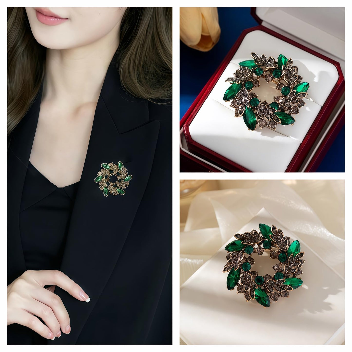 Yaximhozz 2pcs Rhinestone Brooch Pin for Women Dress Elegant Stylish Crystal Brooches Fashion Accessories Pins Lapel Boutonniere Ideas Wedding Christmas Birthday Jewelry Easter Gift (10 Green/Silver)
