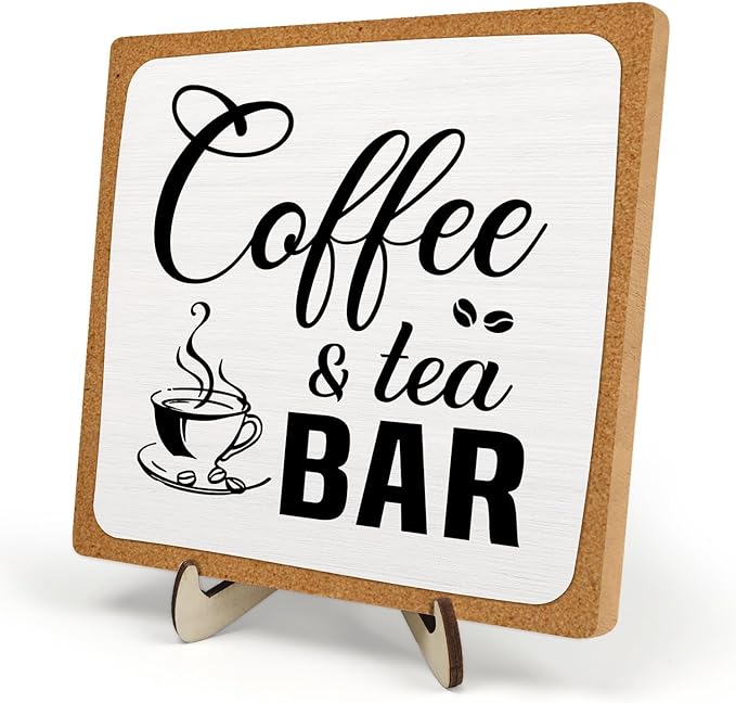 Rustic Coffee & Tea Bar Decor Sign,Funny Wooden Plaque for Cafe Bar,Coffee Station,or Shelf, Farmhouse Kitchen Cafe & Tea Accessories for Home or Office 5.9 x 5.9Inch(White+Brown04)