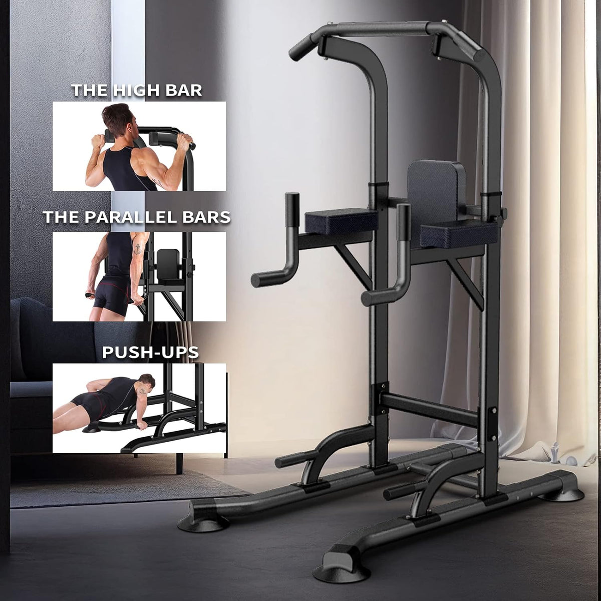 Power Tower Adjustable Height Pull Up & Dip Station Multi-Function Home Strength Training Fitness Workout Station for Home Gym