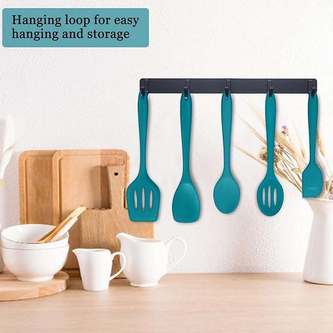 E-far 10 Pieces Silicone Cooking Utensils Set, Heat Resistant Kitchen Utensil Set for Nonstick Cookware, Kitchen Cooking Tools with Spatula, Spoon, Slotted Turner, Non-Toxic & Dishwasher Safe (Blue)