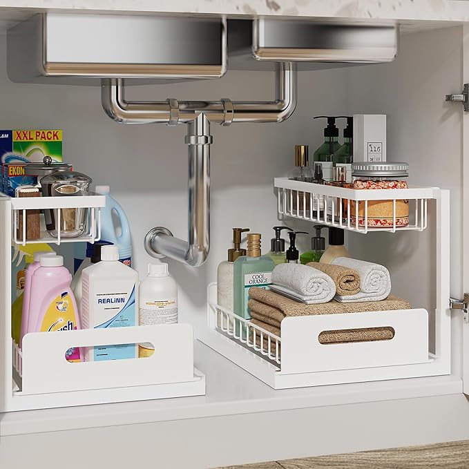 REALINN Under Sink Organizer, Pull Out Cabinet Organizer, 2 Tier Metal Slide Out Shelf with L Shaped Design, Under Cabinet Storage for Kitchen, Bathroom, Laundry, Deep Cabinet Shelf Storage, White