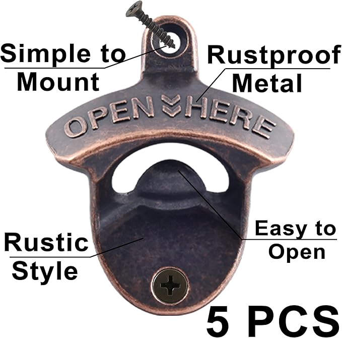 Old Style Wall Mounted Bottle Opener, Antique Copper Outdoor Beer Top Opener Wall Mounted Bottle Cap Opener for Beer Lovers Gifts (Pack of 5)