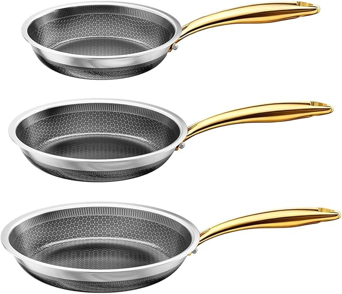 FogDream 8, 10, 12" Stainless Steel Frying Pan, Honeycomb Hybrid Nonstick Skillet for Induction & All Cooktops, PFAS/PFOA/PTFE Free, Oven Safe to 500°F, Stay-Cool Handle, Dishwasher Safe, Gold