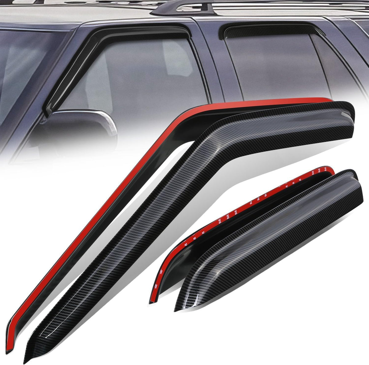 Auto Dynasty Set of 4 Carbon Fiber Pattern Window Visors Compatible with 1995-2005 Chevy Blazer GMC Jimmy Oldsmobile Bravada, Tape-On Rain Guards Shield Vent Shade Deflector Glossy Black