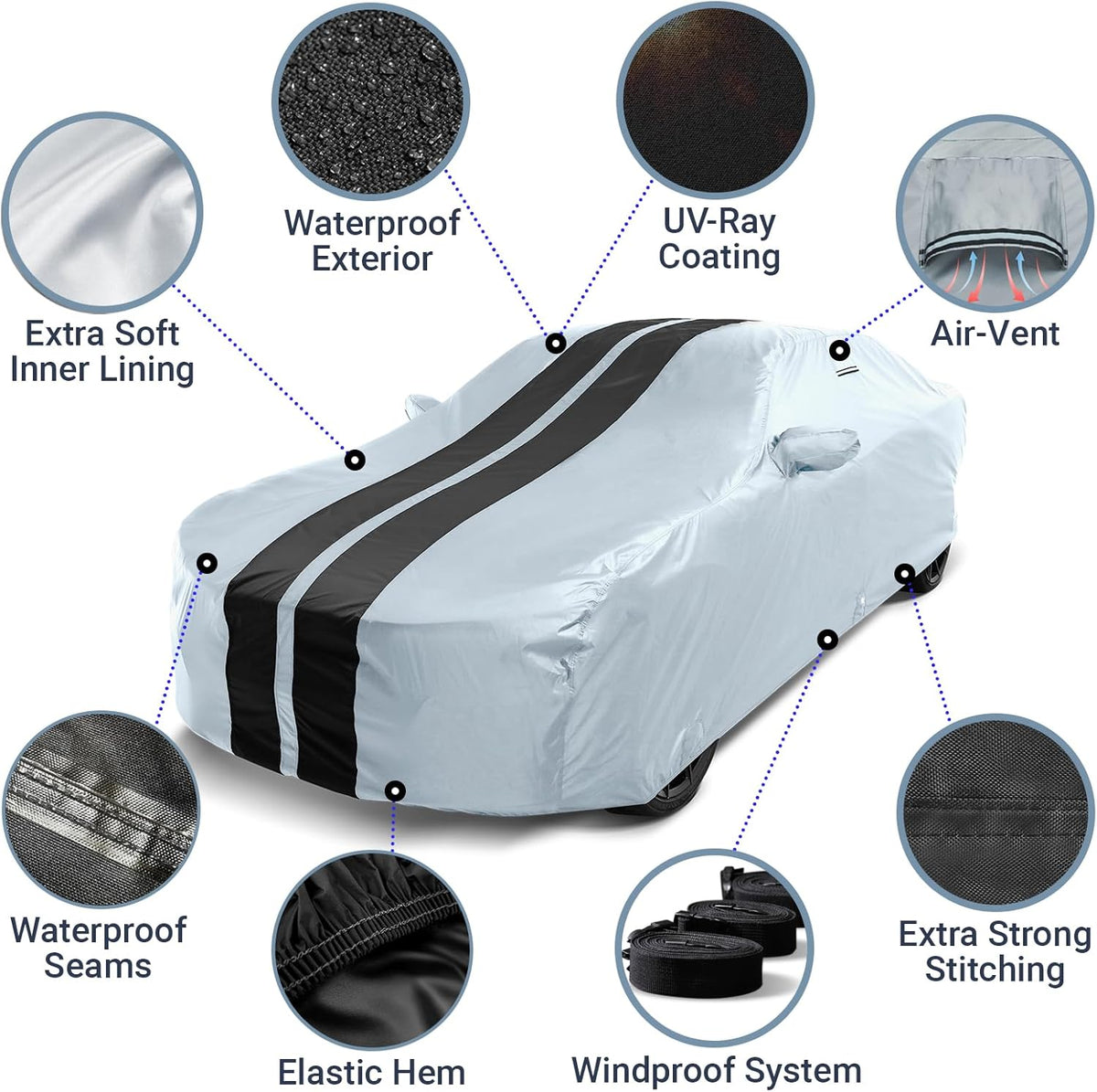 iCarCover Custom Car Cover for Buick Park Avenue (1997-2005) Waterproof All-Weather Rain Snow UV Sun Protector Full Exterior Indoor Outdoor Car Cover (Stripe - Gray/Black)
