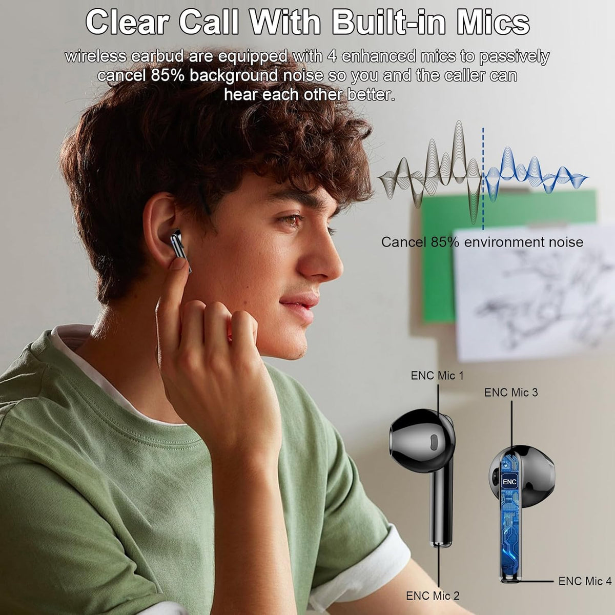 Wireless Earbuds, 2025 Bluetooth 5.3 Headphones HiFi Stereo Ear buds with ENC Noise Cancelling Mics, 40H Bluetooth Earbuds with Dual LED Display, IP7 Waterproof in Ear Earphones for Android iOS, Black