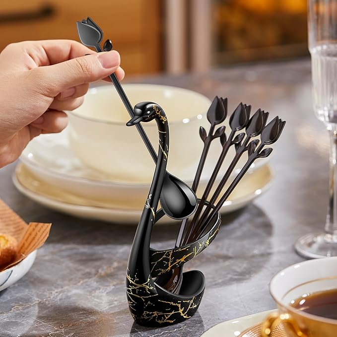Black Small Coffee Spoon Holder Set,Swan Base With 12 Pcs Demitasse Espresso Spoons Set,6" Mini Tulip/Rose Dessert Spoon,Stainless Steel Tea Spoons