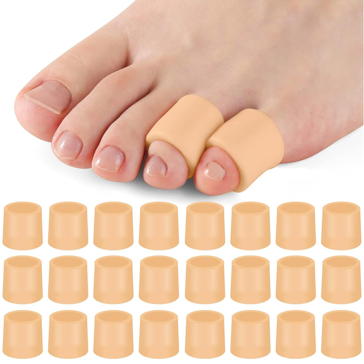 Silicone Toe Sleeves (24 Count), Pain Relief Pinky Toe Protector, Corn Protectors for Toes, Corn Pads for Pinky Toe, Gel Toe Protector for Bunion Blisters, Corns, Hammer Toes, Toenails Loss (Nude)