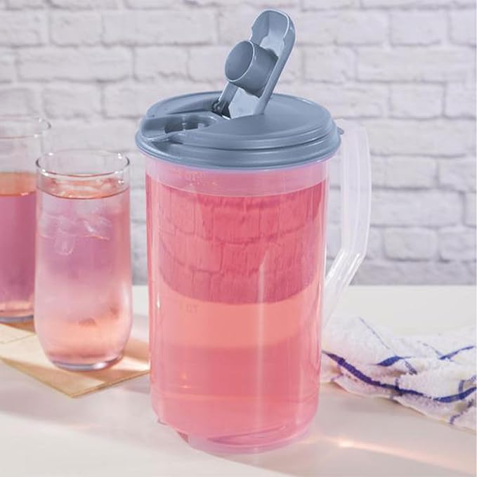 Sterilite 2 Quart Clear Round Plastic Pitcher, Dishwasher Proof with Blue Lid, Spout, and Handle for Easy Pouring, Washed Blue, 12-Pack