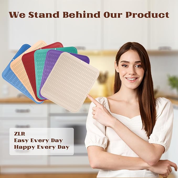 ZLR Large Silicone Dish Drying Mat (16" x 18") - XL Heavy Duty Drainboard Mat for Pots, Pans & Family Loads - Heat Resistant Trivet & Counter Protector, Easy Clean (Lichen Blue)