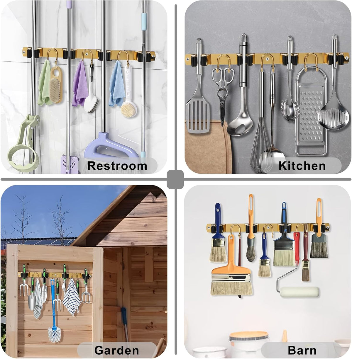 Mop Broom Holder Wall Mount, Gold Stainless Steel Tool Storage Organizer for Kitchen Garden Garage Laundry Room Bathroom and RV with 4 Slots 6 Hooks