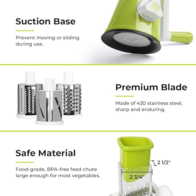 X Home Rotary Cheese Grater for Kitchen, Shredder with 3 Interchangeable Blades, Rotary Grater with Handle and Strong Suction Base, for Vegetables, Fruit, Nuts, Easy to Use and Clean, Green