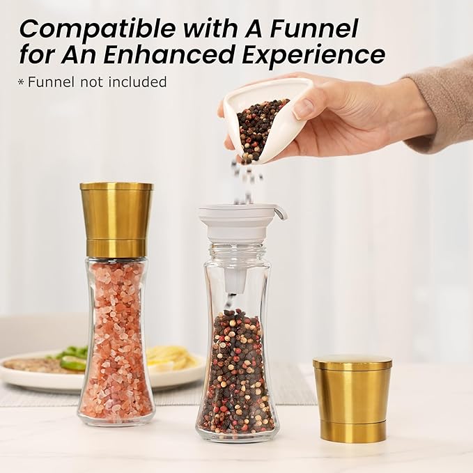 VEVOK CHEF Gold Salt and Pepper Grinder Mill Set Stainless Steel Pepper Shaker Adjustable Ceramic Coarseness Salt Grinder Black Pepper Spice Grinder Mill