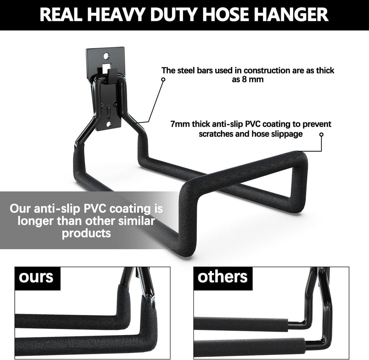 3-H Garden Hose Holder Wall Mount 2 Pack,Solid Steel Hose Hanger wih Extension Strap,Water Hose Holders for Outside to Hang Outdoor Air Hose,Ropes,Pipes,Power Tools,Ladders,Bikes,Bulk Items