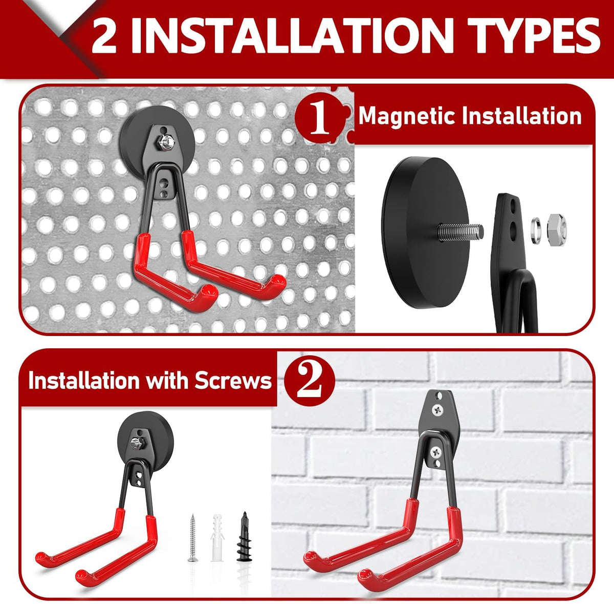 3-H Heavy Duty Magnet Garage Hooks 2 Pack, Extra Large Strong Magnetic Hooks for Hanging Cordless Power Drill, Utility Magnetic Tool Holder for Metal Cabinet, Steel Pegboard, Toolbox, Garage(Red)