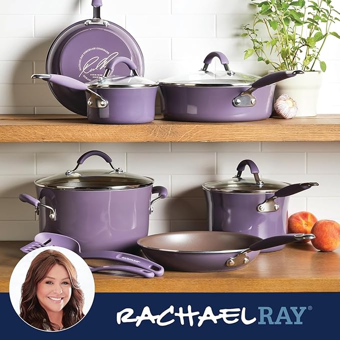 Rachael Ray Cucina Nonstick Cookware Pots and Pans Set, 12 Piece, Lavender Purple