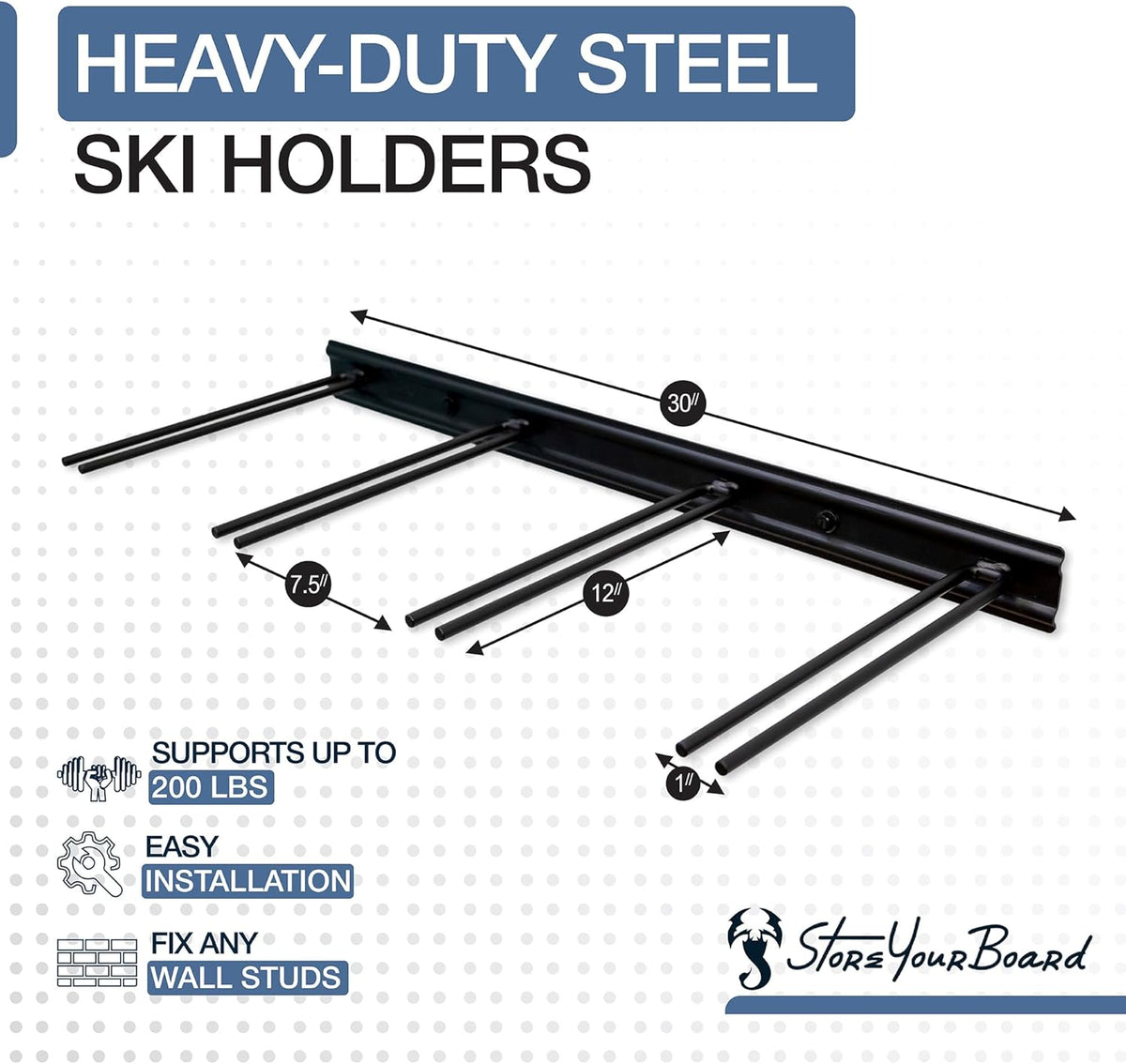 StoreYourBoard Ski Wall Storage Rack – Ski Rack Wall Mount Holds 8 Pairs, Heavy-Duty Steel Ski Holders for Wall, Space-Saving Ski Rack for Garage & Home, Holds Up to 200 lbs