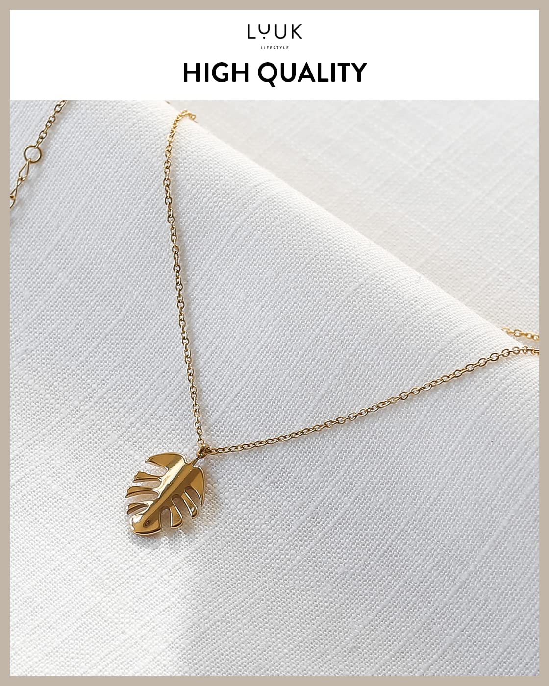 LUUK LIFESTYLE Filigree 19” necklace with monstera leaf pendant, modern and minimalist fashion accessory, nature zen jewellery for everyday life, HAPPINESS gift card, lucky charm, layer look, gold