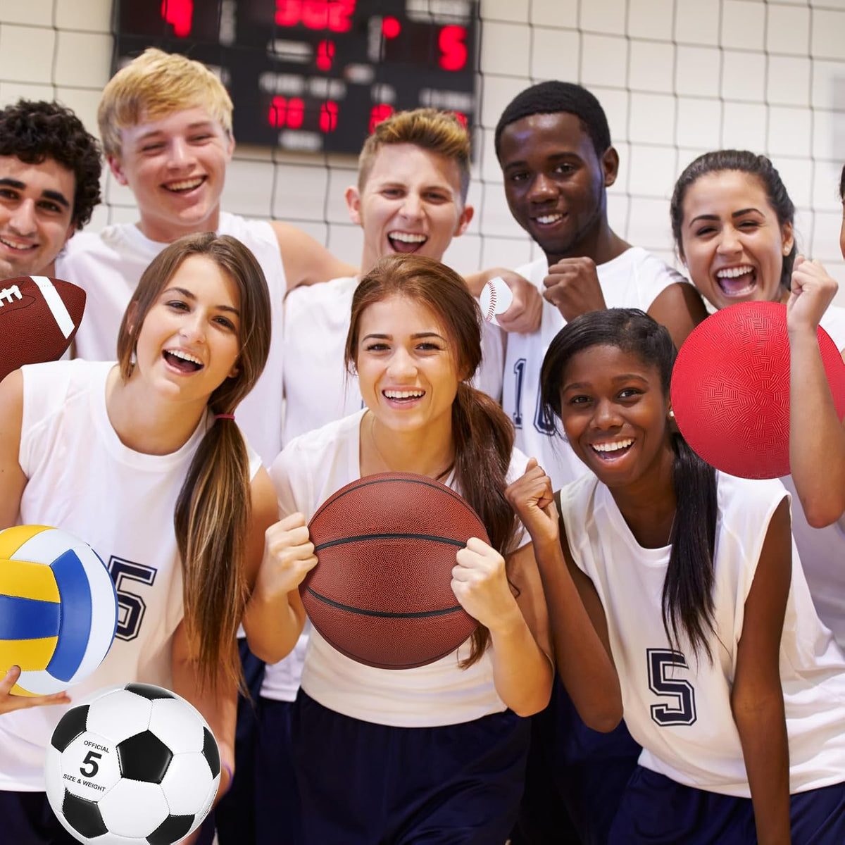 Deekin 12 Pcs Assorted Sport Ball Set Official Size Basketball, Football, Volleyball, Soccer, Baseball, Playground Ball with Bag and Pump Gift for Kid Youth Adult Back to School