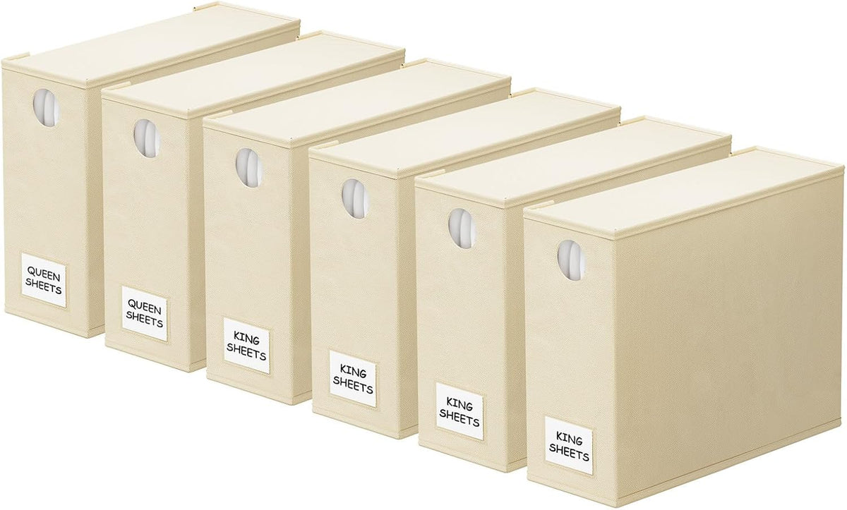 SpaceAid 6 Pack Bed Sheet Organizers and Storage, Foldable Sheet Organizer with Window for Linen Closet, Set Folder Keeper for Queen & King Size Bedding Storage (Beige)