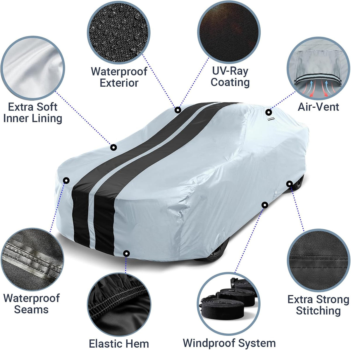 iCarCover Custom Car Cover for Buick Riviera (1971-1978) Waterproof All-Weather Rain Snow UV Sun Protector Full Exterior Indoor Outdoor Car Cover (Stripe - Gray/Black)