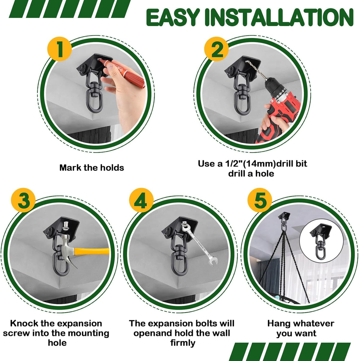 Hammock Hanging Kit 2 Pack, Porch Swing Hanging Kit 1200 Lb Capacity, Hammock Ceiling Hooks Heavy Duty 360°Rotating Hanging Swing Chair Hardware for Hammock Chair Stand, Porch, Yoga, Gym