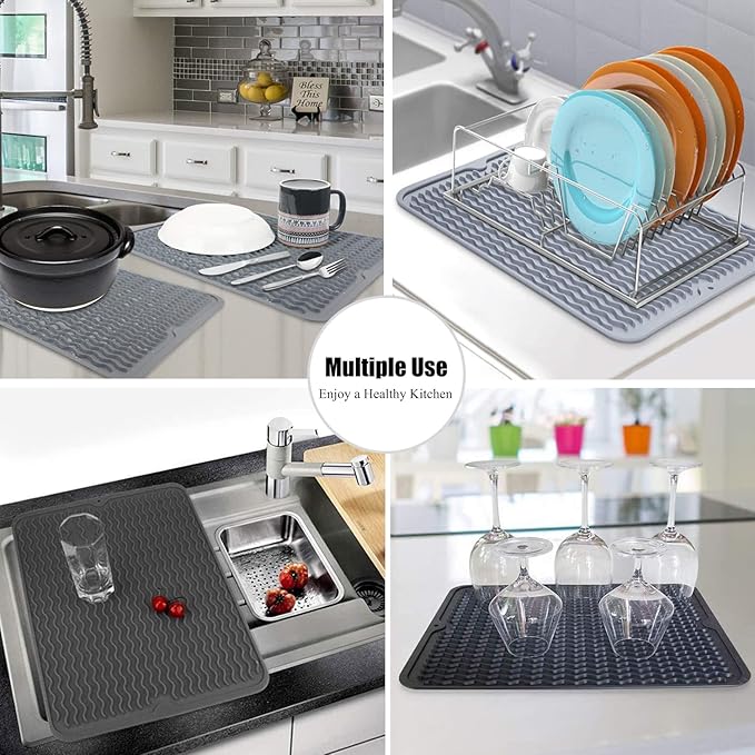 Large 24" x 18" Silicone Dish Drying Mat for Kitchen Counter, Easy clean, Quick Dry, Heat-resistant Dish Drainer Mat for Sink,Refrigerator or Drawer liner (Food Grade Silicone-Translucent)