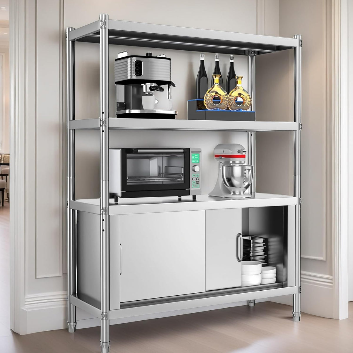 YITAHOME Stainless Steel Shelves 4 Tier, 48x18x60in Storage Shelf Unit with Cabinet, NSF Heavy Duty Floor Mount Shelving for Kitchen Garage Office Restaurant Warehouse, Indoor